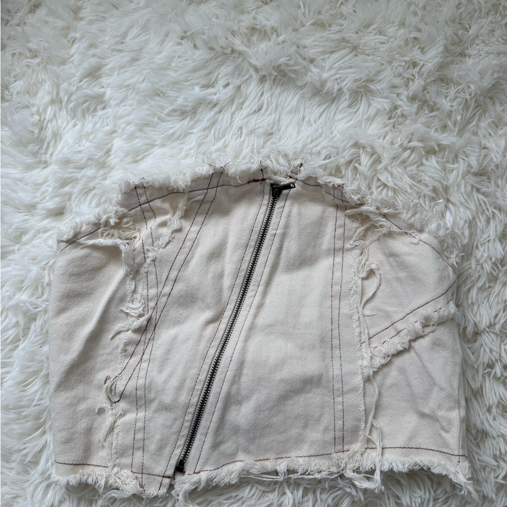 Zara Frayed Cream Jean Zip Up Top